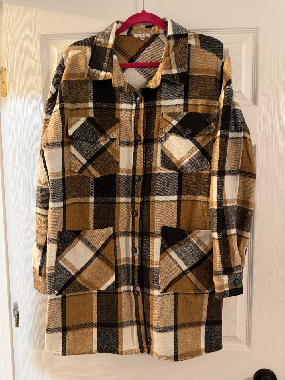 JODIFL Womens Plaid Pea Coat in Camel, Black & Cream